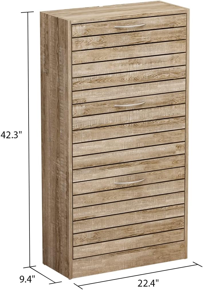 AGOTENI Natural Narrow Shoe Storage Cabinet with 3 Flip Doors & Adjustabl...
