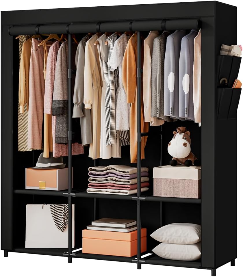 SORCEDAS Portable Closet Wardrobe with Hanging Rods Shelves Clothes Storage