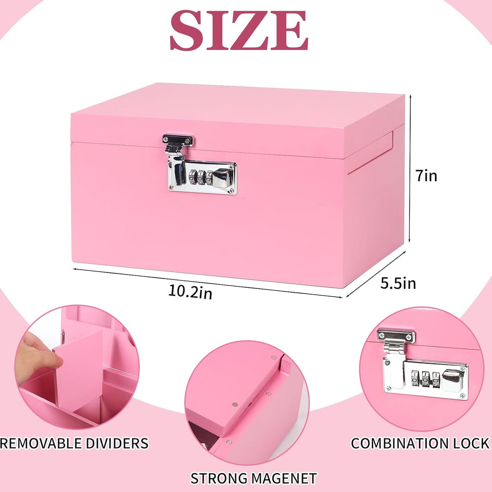 Large Pink Bamboo Box with Combination Lock, Decorative Storage Box with Deta...