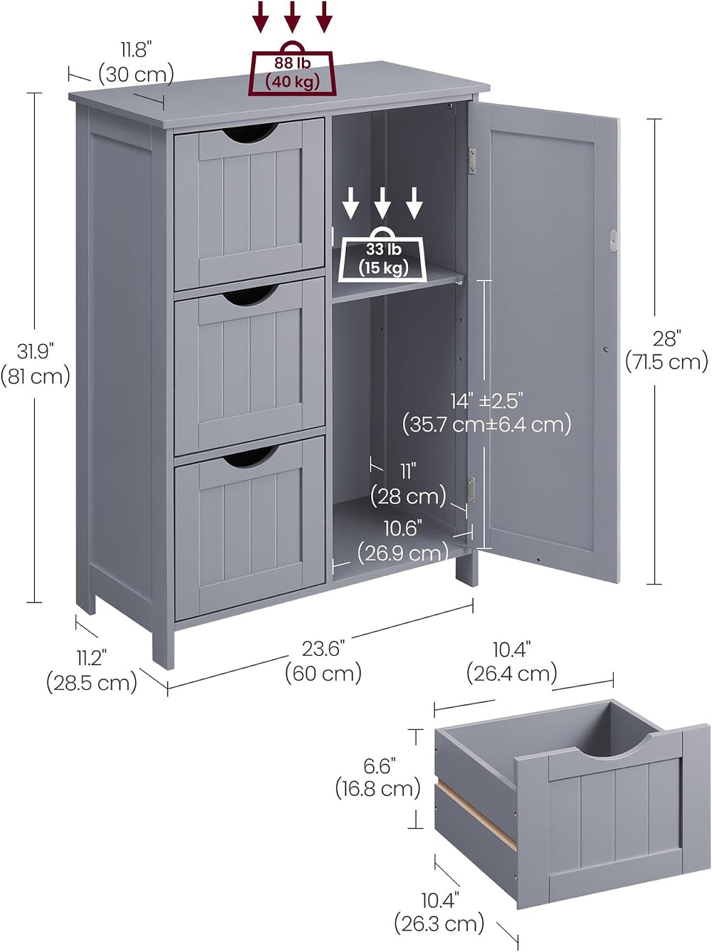 VASAGLE Bathroom Floor Storage Cabinet, 3 Drawers, Dove Gray