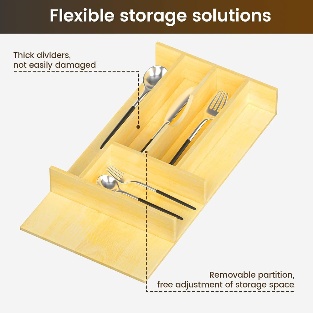 Silverware Drawer Organizer Wood with Adjustable Partition Utensil Cutlery Fl...