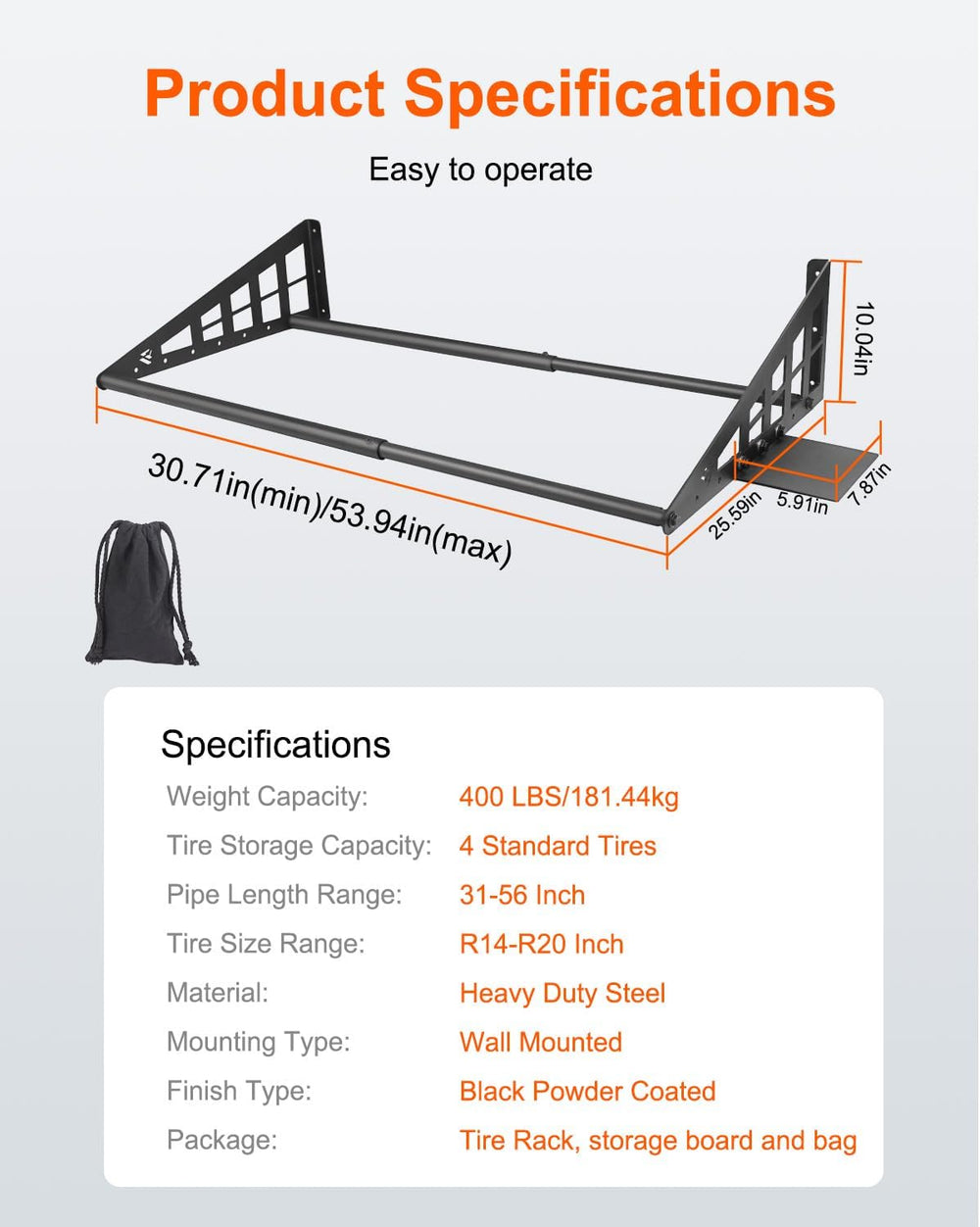 JY PERFORMANCE Adjustable Wall Mounted Tire Rack, Fits 31"-56" Wide