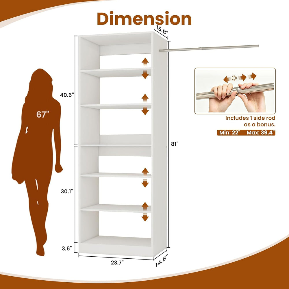 Closet System with 6 Shelves, 2FT Modular Closet Organizer System Small Walk-...