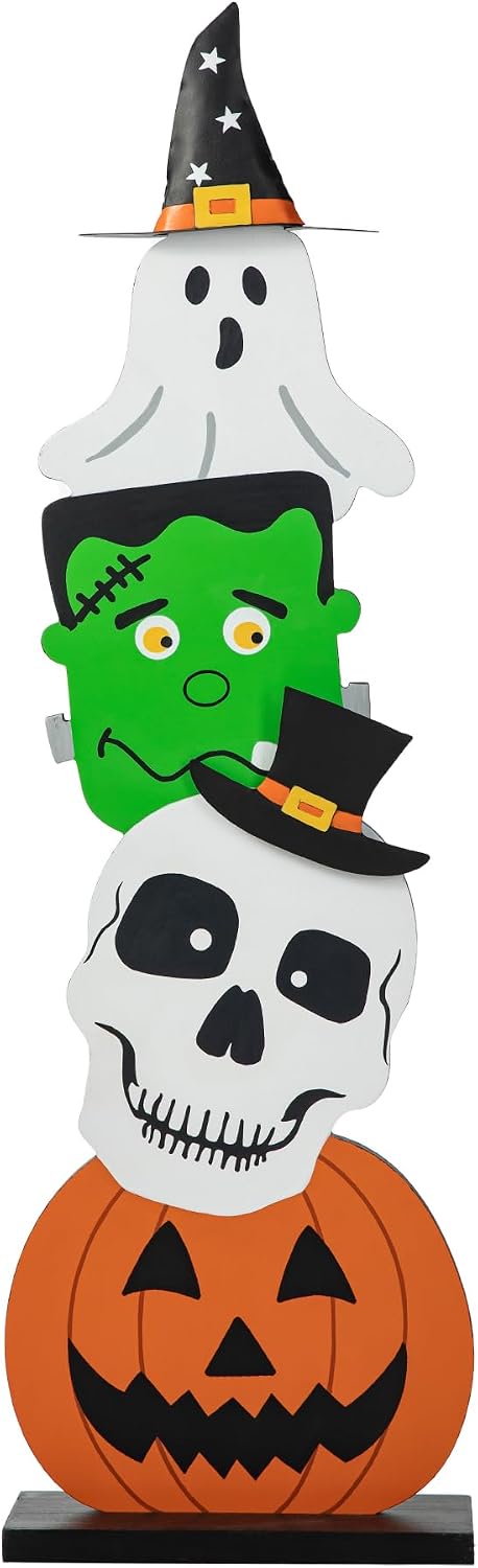 Glitzhome 36'H Wooden Halloween Stacked Ghost Frankenstein Skull Pumpkin ...