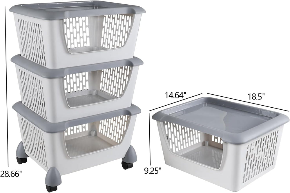 3 Tier Plastic Stackable Storage Baskets with Wheels, Rolling Stackable Baske...