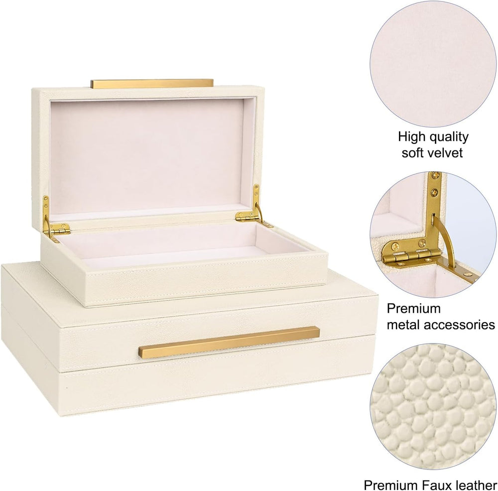 Beige Shagreen Decorative Storage Boxes – Set of 2 Faux Leather Jewelry &...