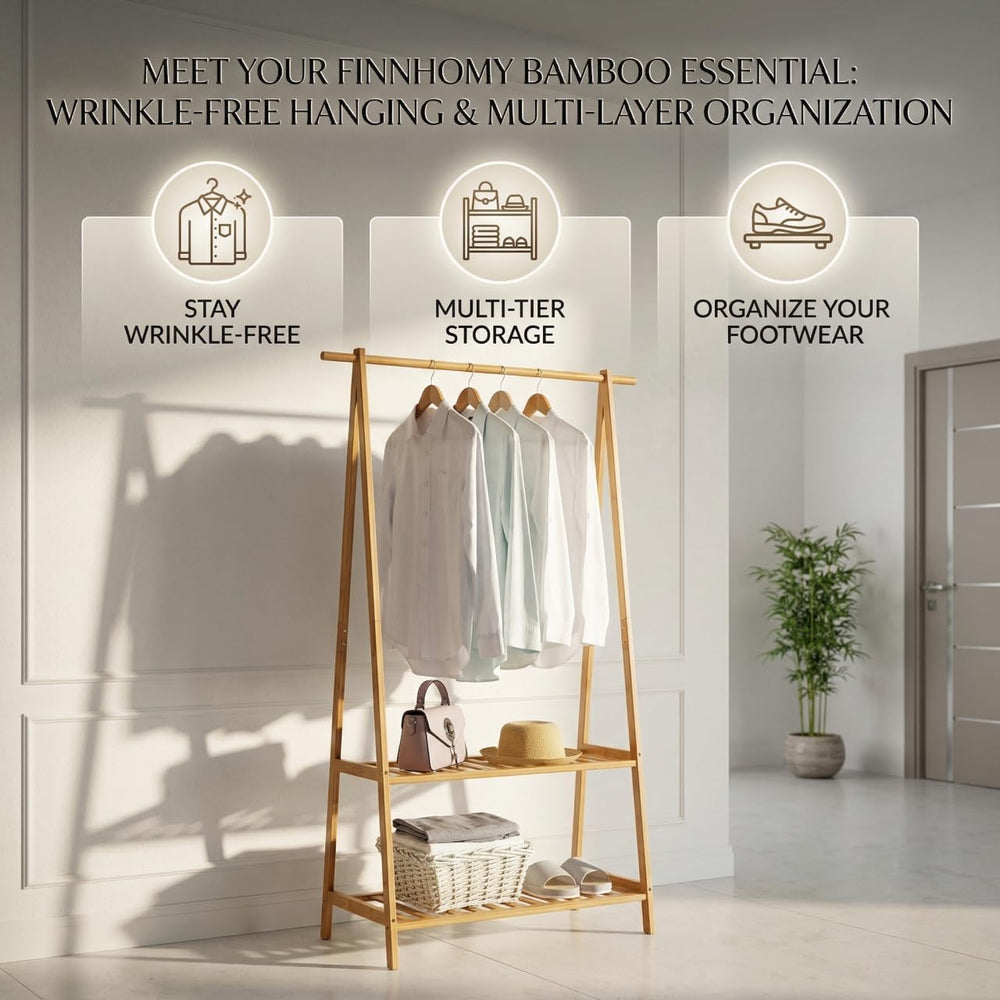 Finnhomy Bamboo Clothes Rack Portable Extra Large Garment Rack 2-Tire Storage...