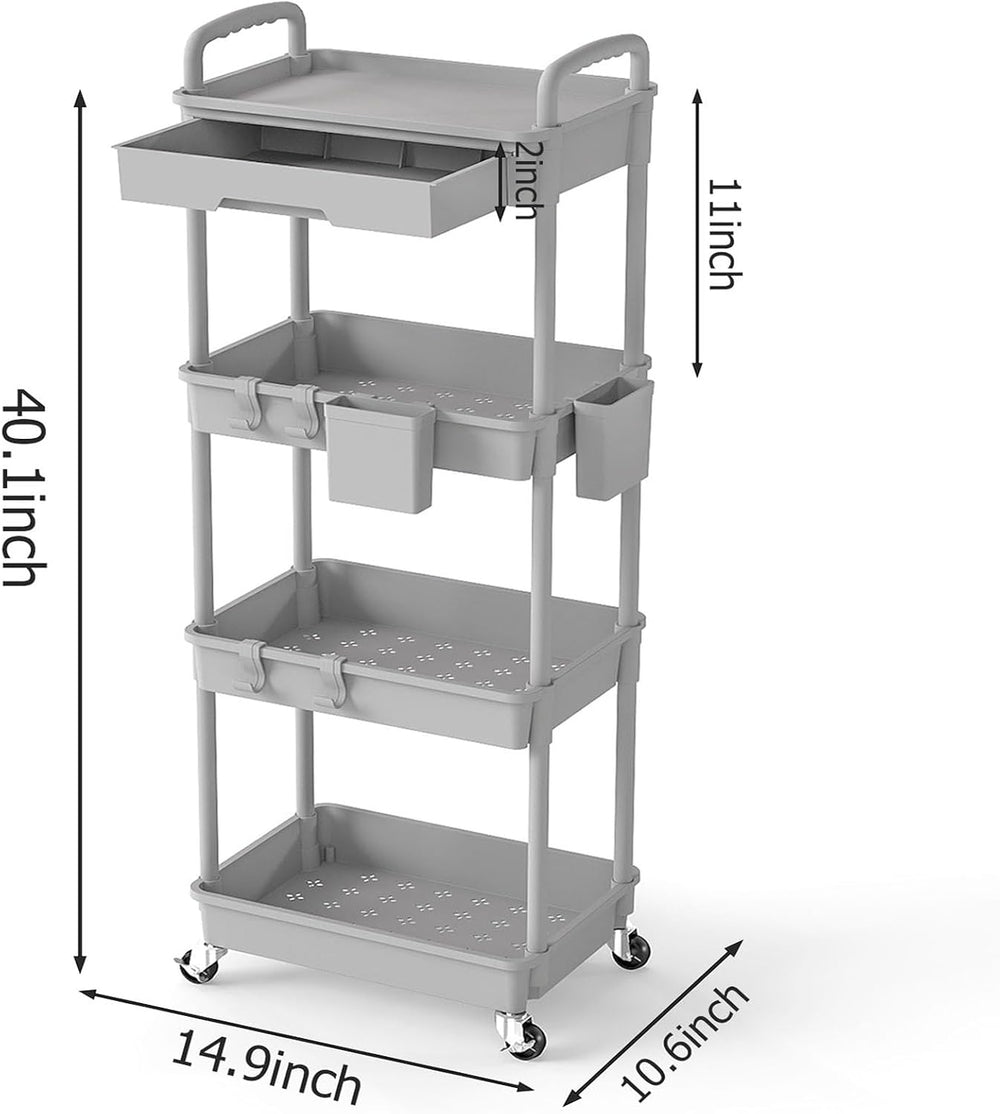 4 Tier Rolling Utility Cart with Drawer, Plastic Storage Organizer Rolling Ca...