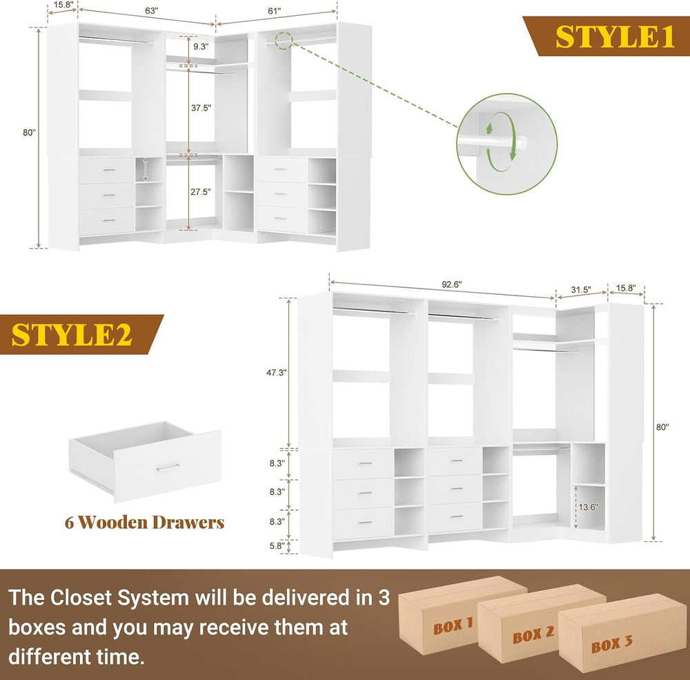 Aheaplus Closet System with 6 Drawers, 4 Hanging Rods & Corner Tower, Cor...
