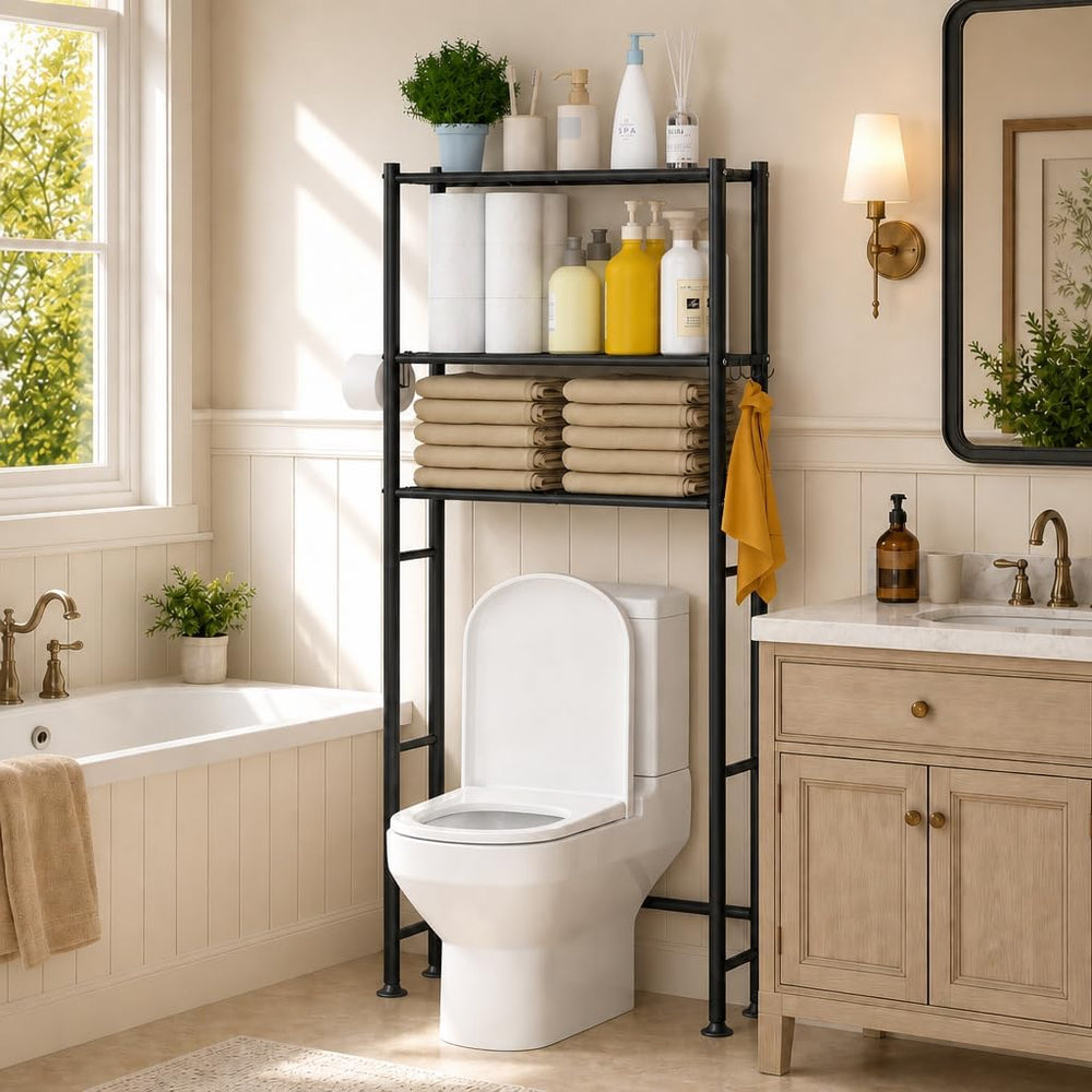 3-Tier Over The Toilet Storage Cabinet with Paper Holder and 4 Hooks, Metal O...
