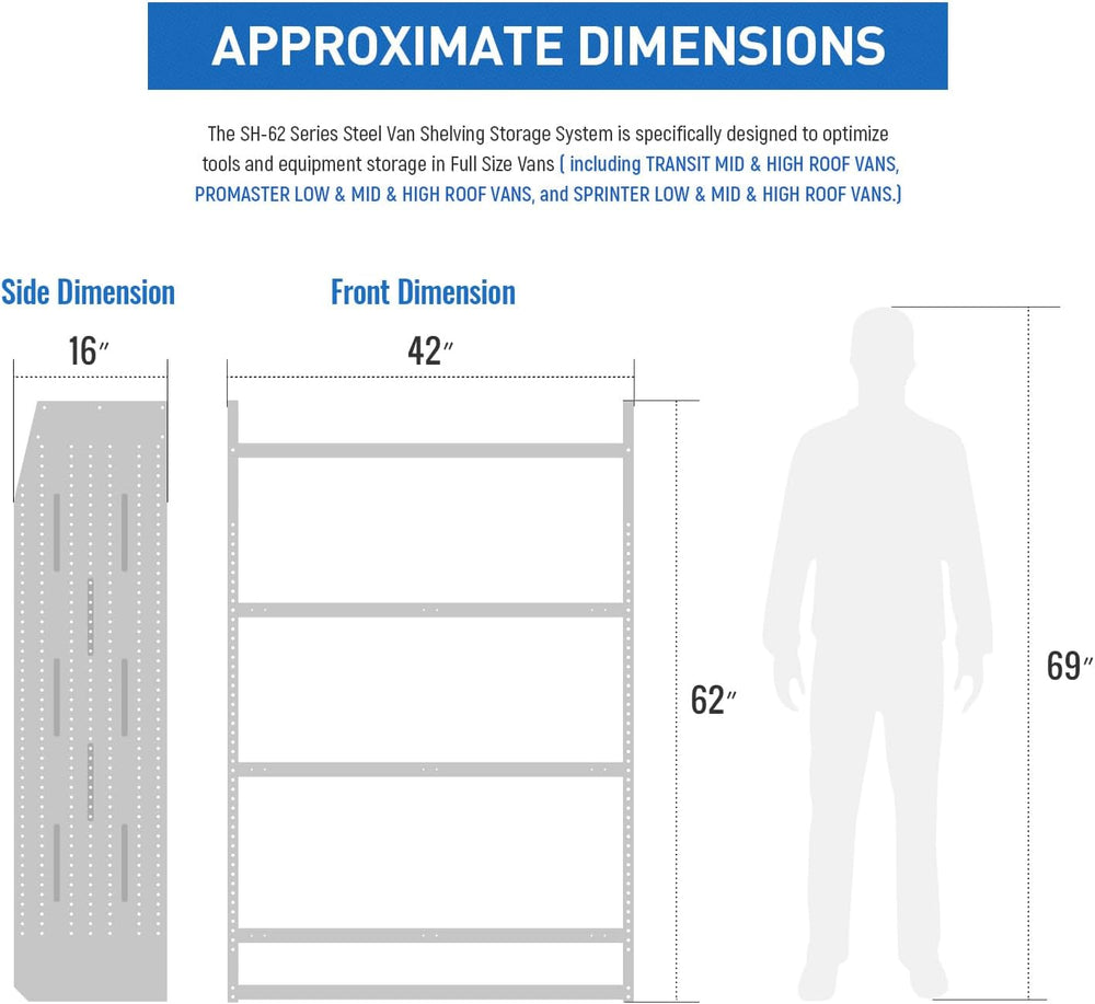 AA Products Model SH-6204 Steel Low/Mid/High Roof Van Shelving Storage System...