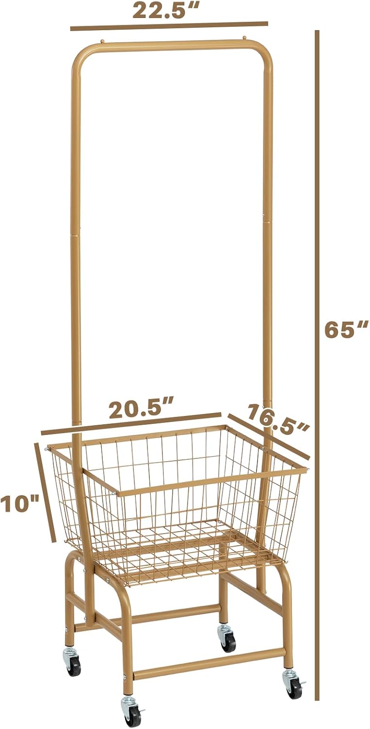 ALIMORDEN Rolling Laundry Cart with Hanging Rack & Metal Basket, Gold