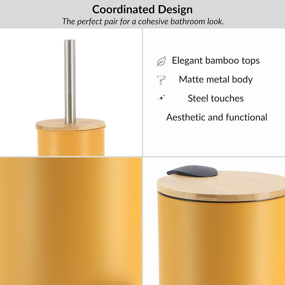 Mustard Yellow Bathroom Set w/Bamboo Lid, Metal Trash Can & Toilet Brush