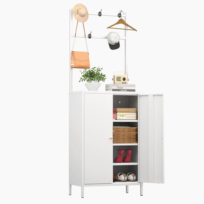 Tall Metal Shoe Cabinet with Coat Rack,Shoe Storage Cabinet with Doors,Hanging Bar,Hooks for Entryway, Hallway, and Living Room,2in1 Hall Tree with 3 Adjustable (Cabinet with Rack, White)
