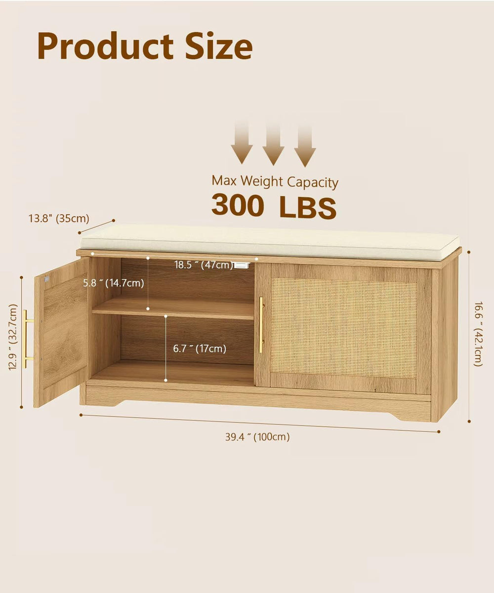 Rattan Shoe Storage Bench, 39.4" Wide Entryway Bench, Natural Oak