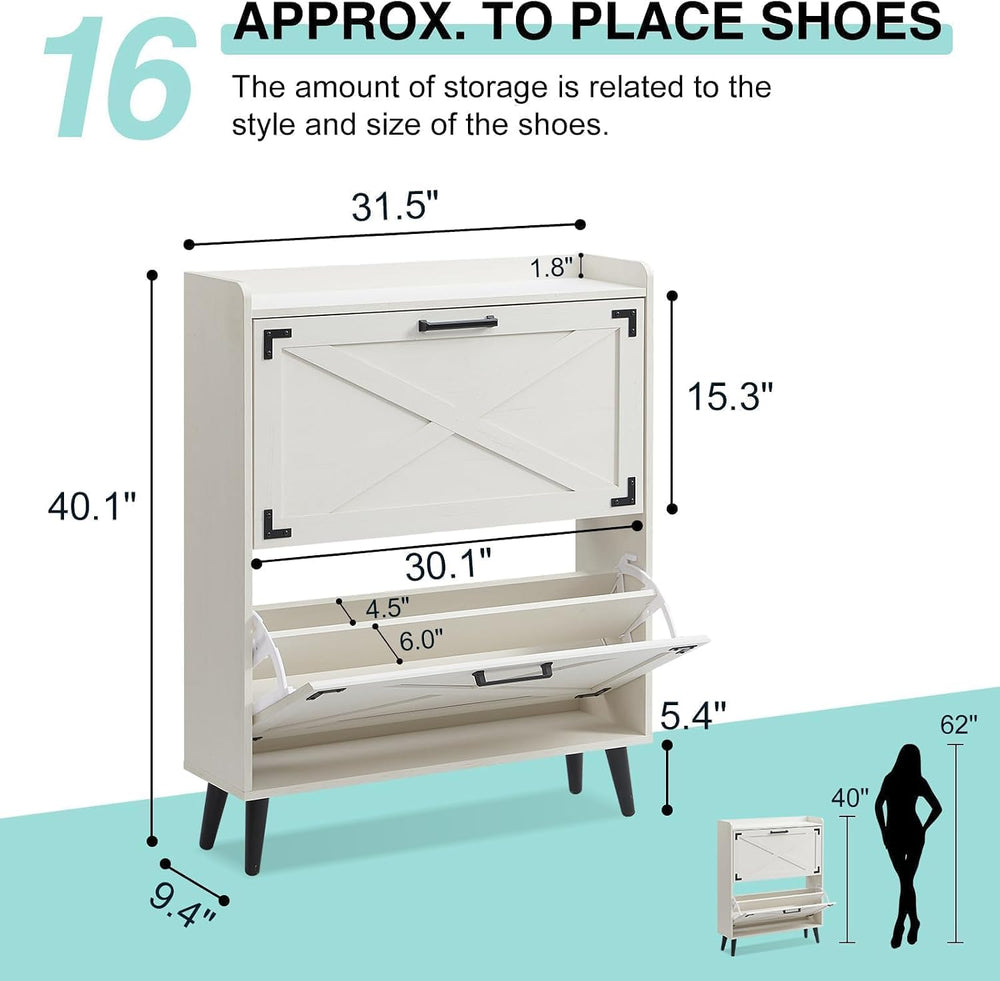 Barnyatoh Farmhouse Shoe Storage Cabinet with 2 Flip Drawers & Barn Door