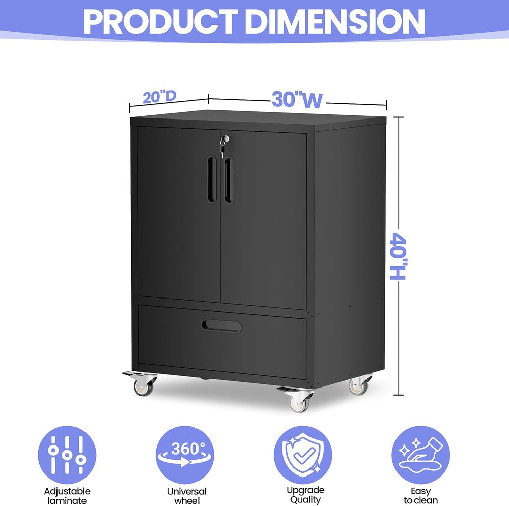 Metal Garage Storage Cabinet on Wheels, Lockable Rolling Tool Cabinet