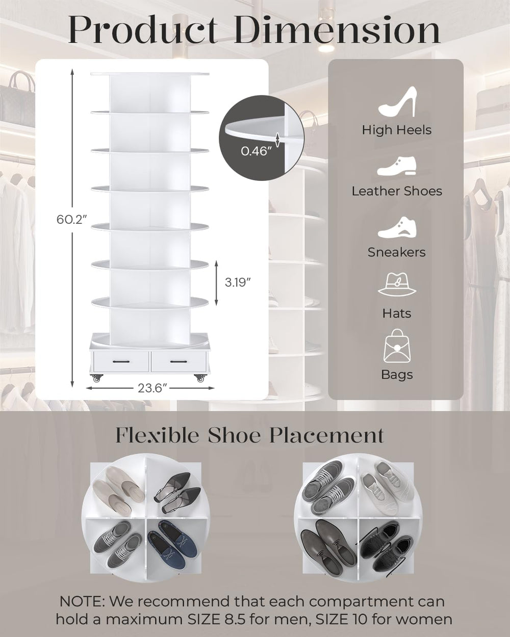 8 Tier Rotating Shoe Rack Contains 2 Drawers Shoe Tower Organizer
