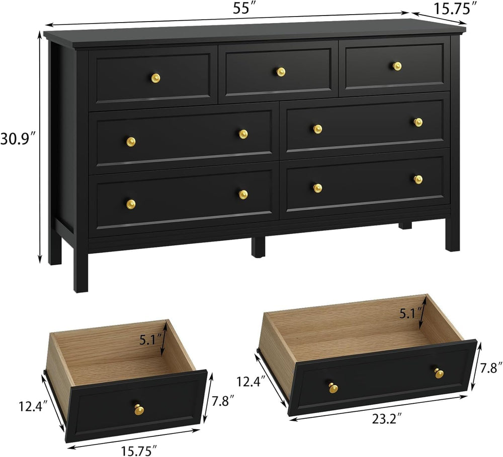 CARPETNAL 55" Black Dresser for Bedroom, 7 Drawer Black and Gold Dresser...