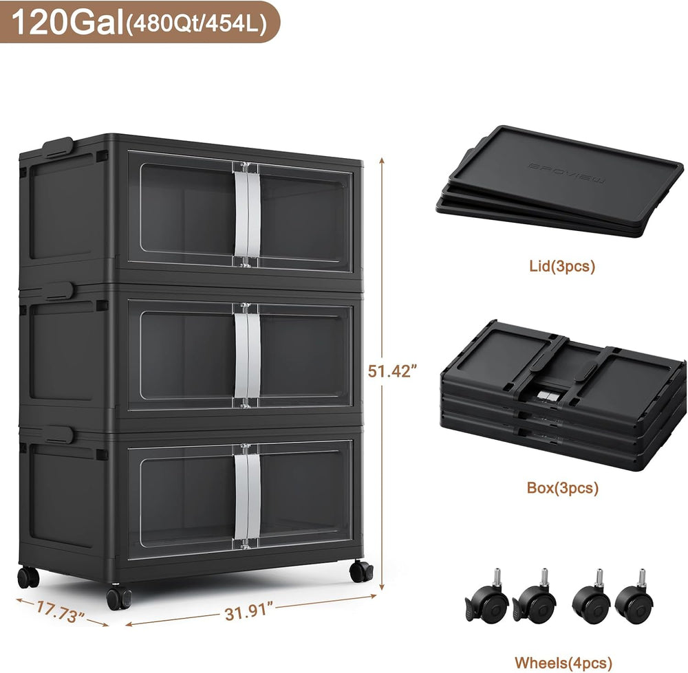 BROVIEW 480QT Stackable Storage Bins with Lids, 120Gal Extra Large Collapsibl...