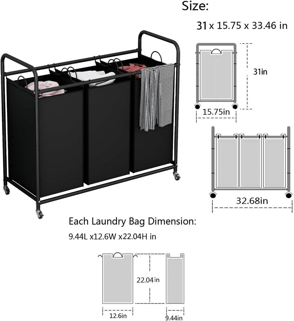 LINZINAR 3 Section Laundry Hamper Sorter, Black Laundry Basket with Wheels
