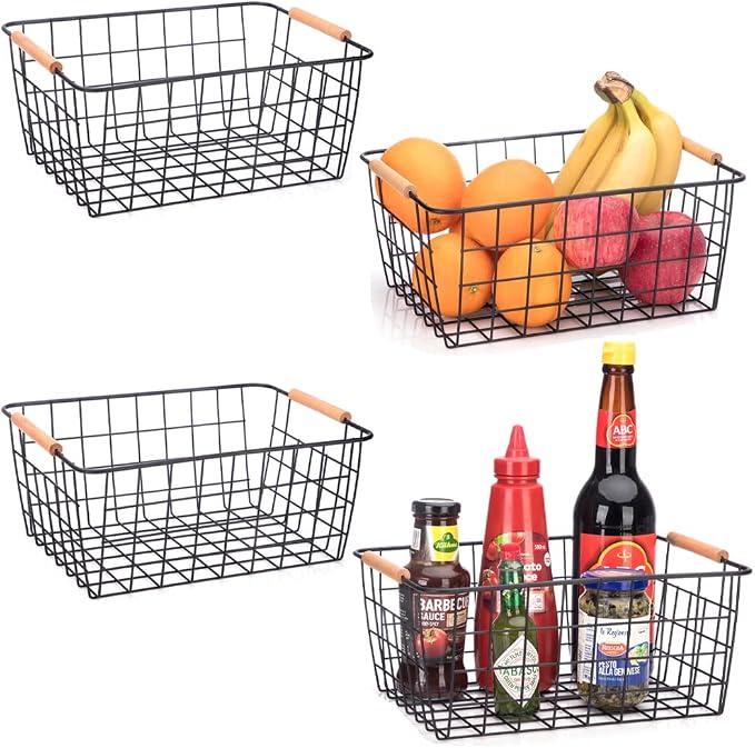 LeleCAT Wire Baskets with Wooden Handles, Wire Storage Organizer Baskets