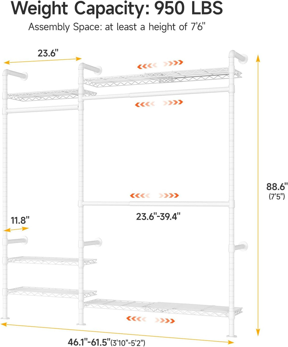 ONBRILL H2 Plus Expandable Wall Mounted Closet System Clothes Rack White