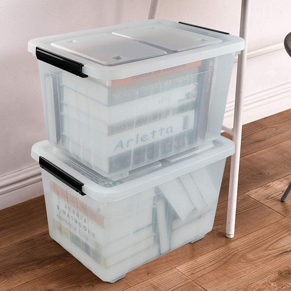 35 Quart Plastic Wheeled Storage Bin, 4 Pack Latching Storage Box