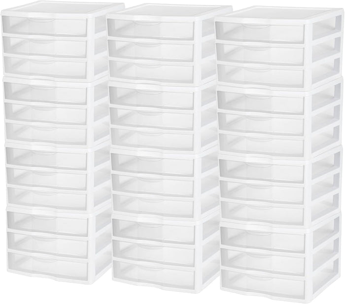 Sterilite 12-Pack Wide 3 Drawer Unit, Plastic Desktop Organizer with Clear Drawers, White Frame - Stackable Multi-Purpose Storage for Office Supplies, Craft Rooms, Classrooms and Home Organization