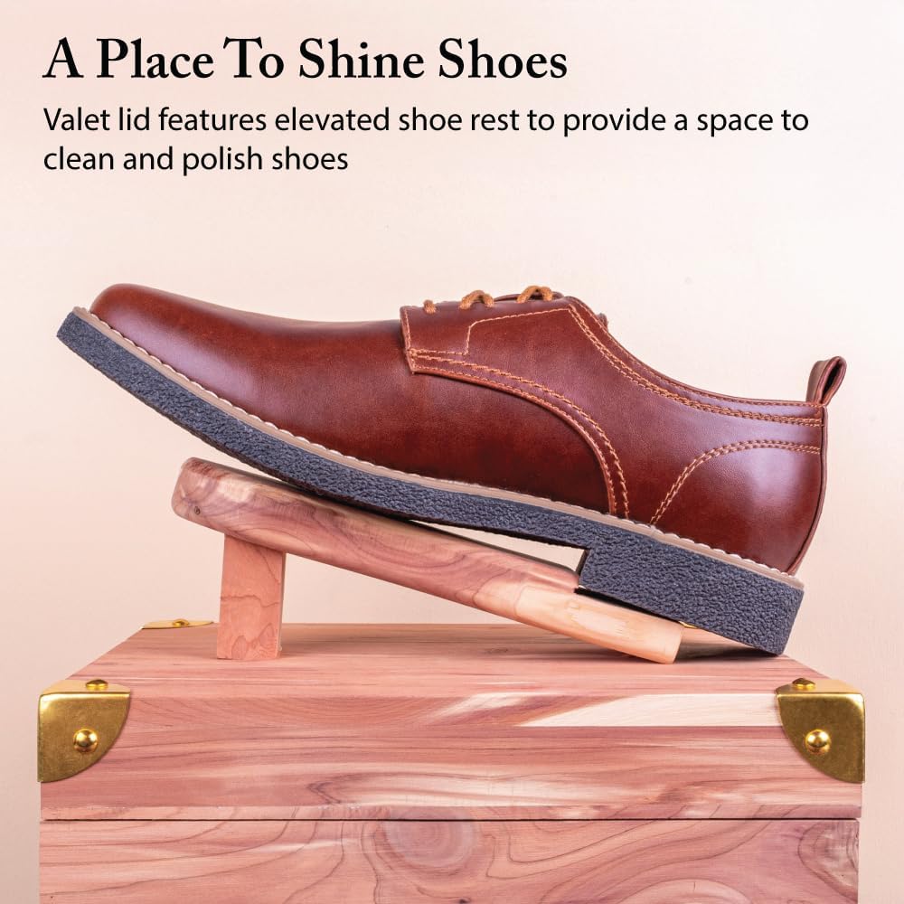 FootFitter Grand Cedar Shoe Shine Valet Box with Stand, USA Grown Wood