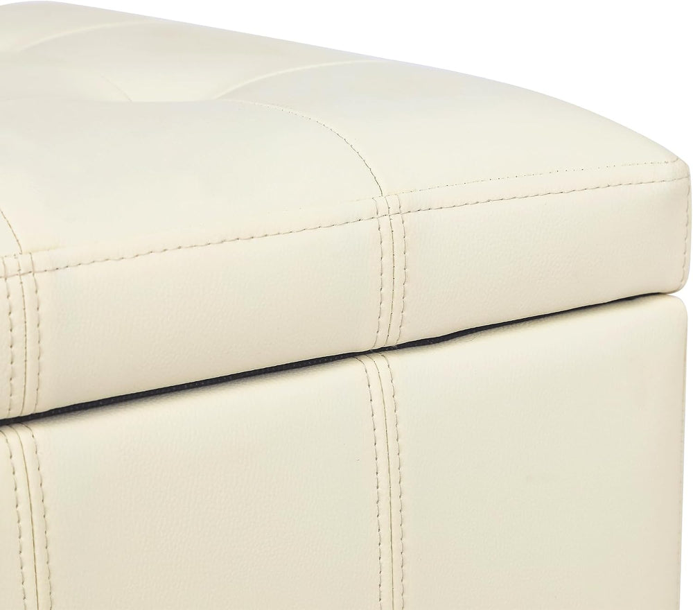 Adeco Faux Leather Storage Ottoman with Hinged Lid, 17.5 Inch High Cream Whit...