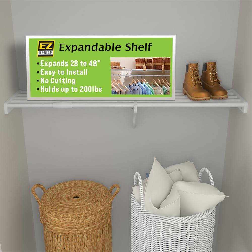 EZ Shelf - DIY Expandable Closet Shelf (NO Hanging Rod) - 28” to 48” - White ...