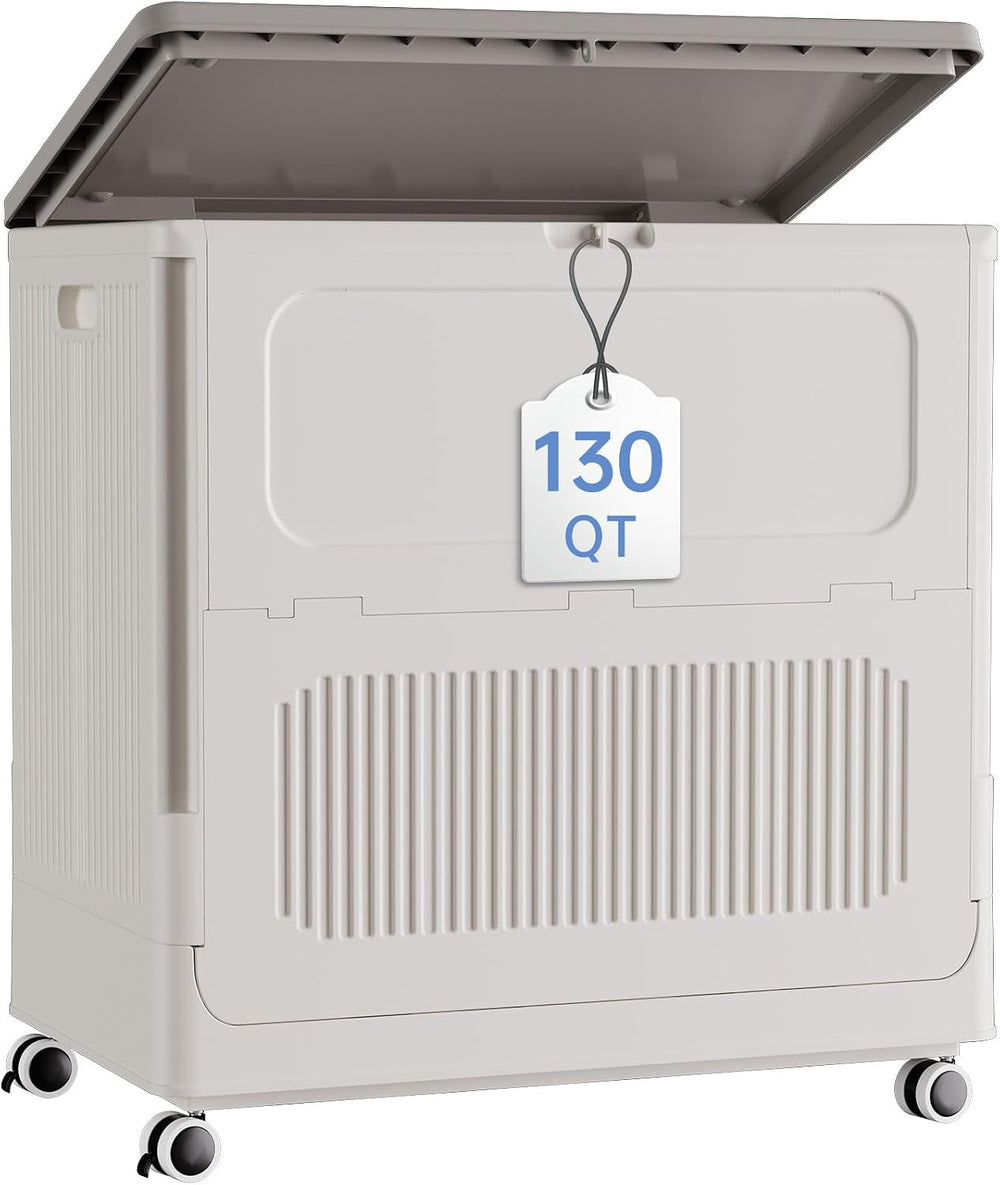 HAIXIN 130QT Large Storage Bin with Lid and Wheels, Cream White