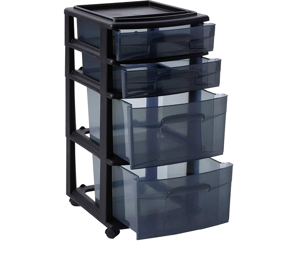 HOMZ Drawer Tower, 4-Tier Storage Cart with Removable Wheels, Black Frame