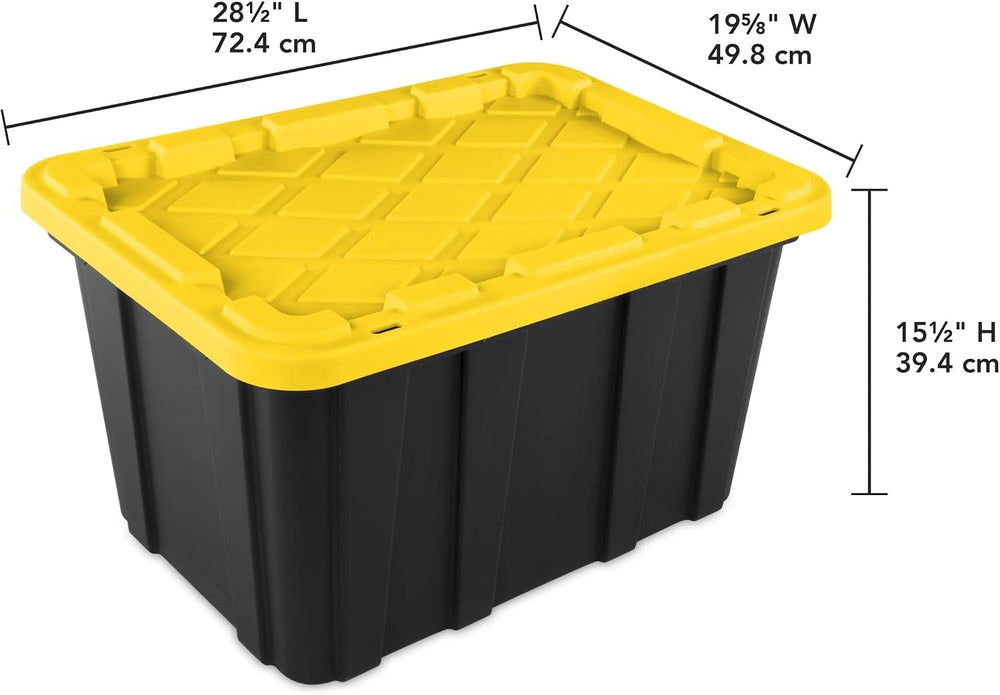 27 Gallon Durable Plastic Storage Tote with Snap-On Lid, Black and Yellow, He...