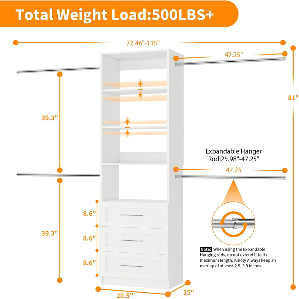 Closet System,5FT-9FT Closet Organizer with 3 Drawers