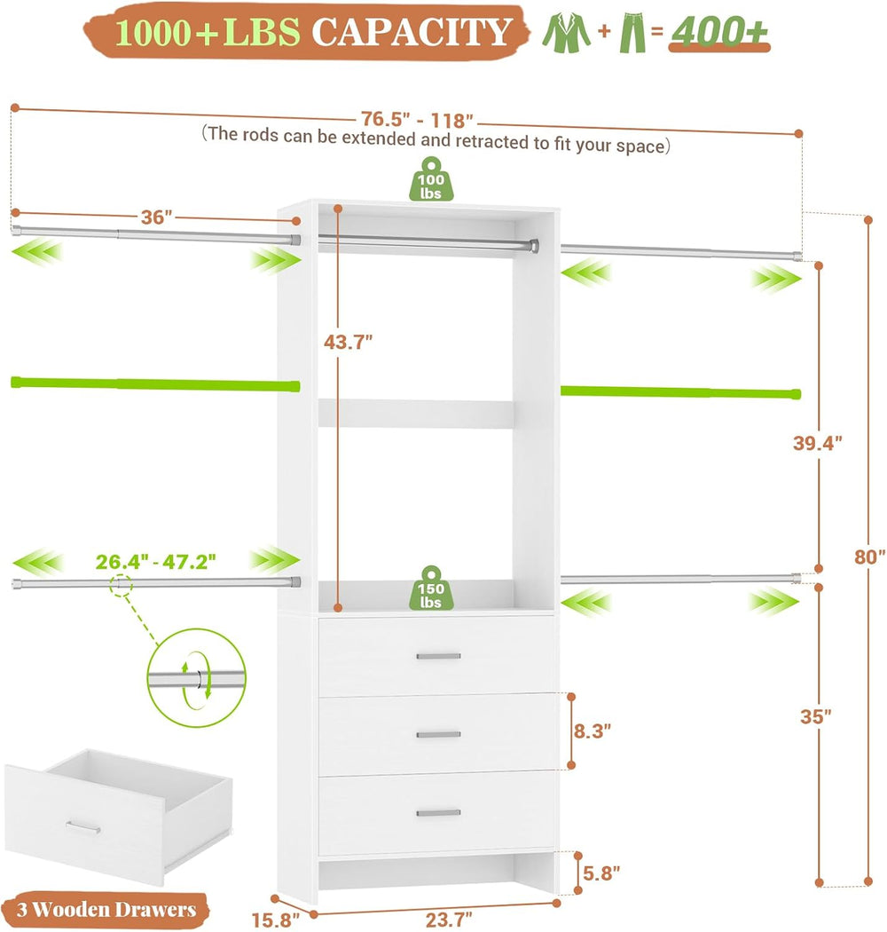 Aheaplus Closet System, 4.2-9Ft Closet Organizer with with 4 Rods, White