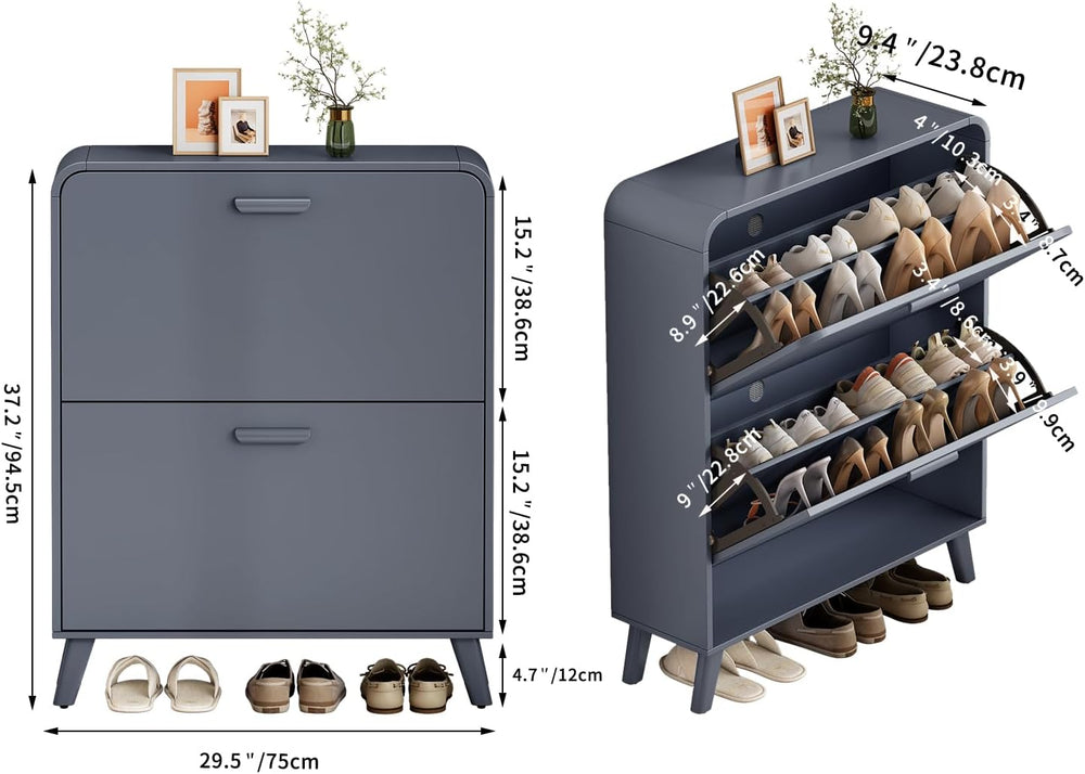 2 Tier Slim Shoe Cabinet with Flip Drawers, Entryway Shoe Storage