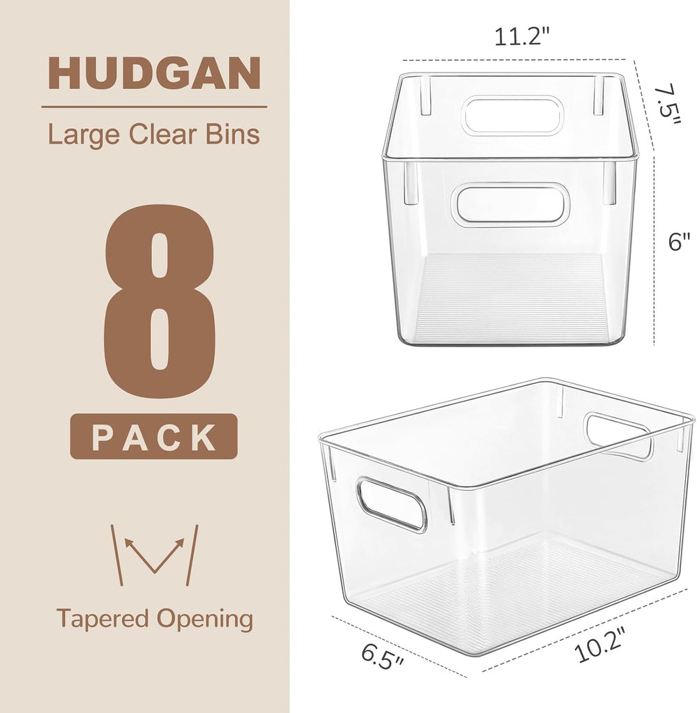 Hudgan 8 Clear Plastic Storage Bins for Pantry Organizer, Kitchen Cabinet