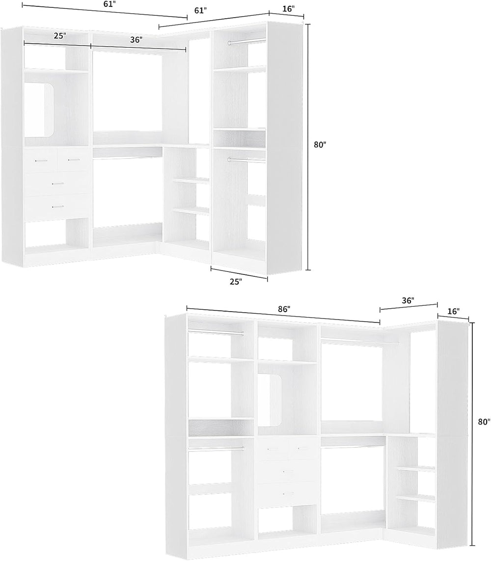 Unikito 86" Corner Closet System with 4 Drawers, 4 Hanging Rods and Mirror