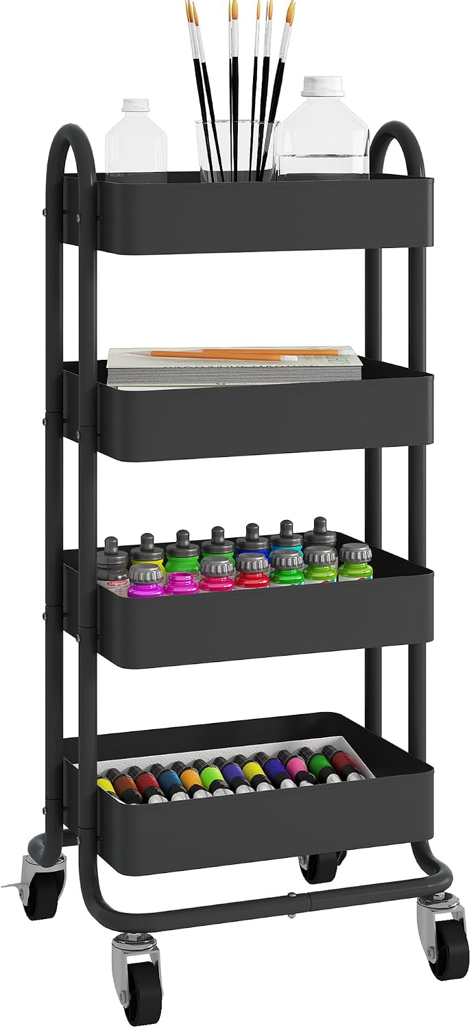 4-Tier Metal Rolling Cart with Wheels,4 Tier Utility Cart with Wheels for Off...