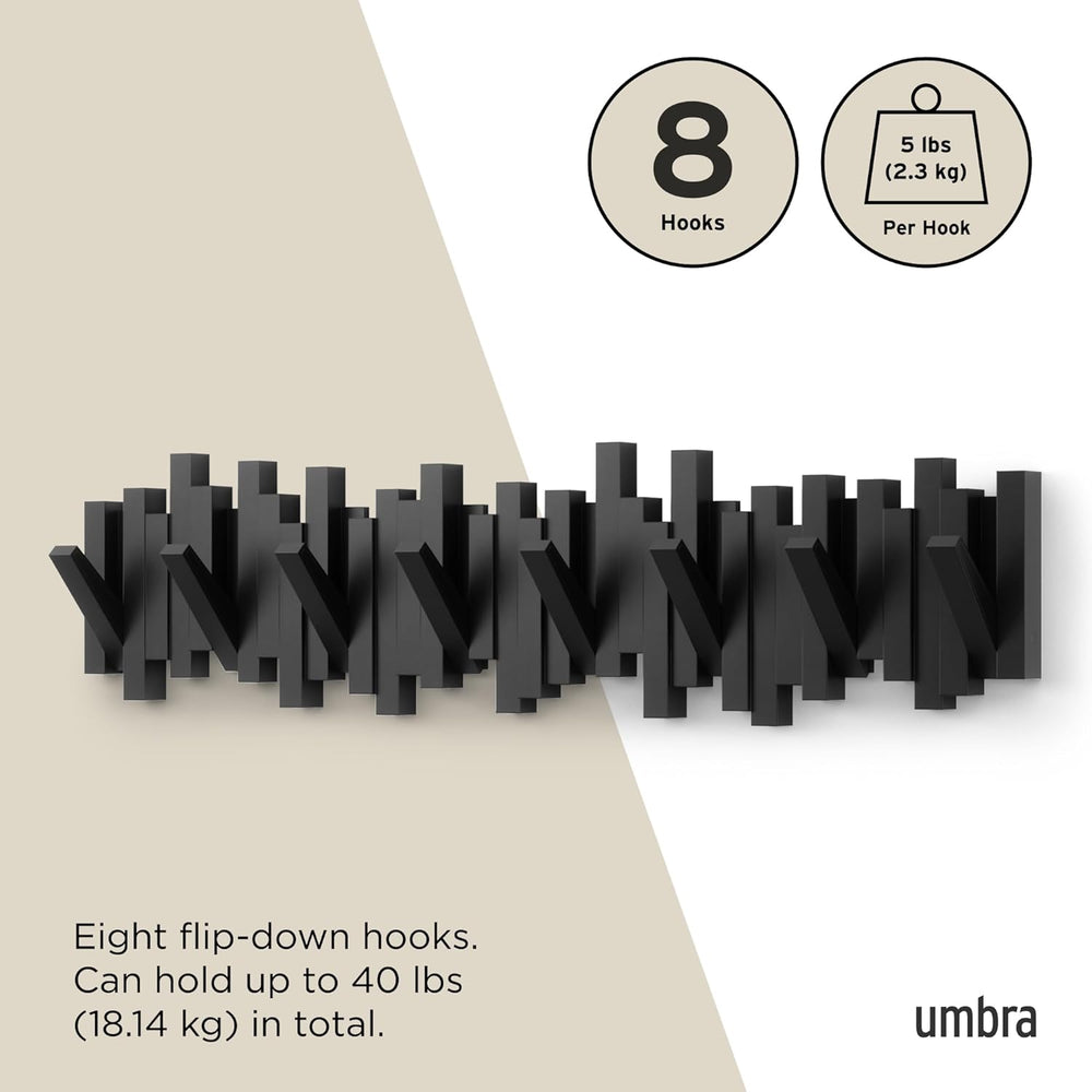 Umbra Sticks Wall Coat Rack, Wall Mount 8 Retractable Hooks, Black
