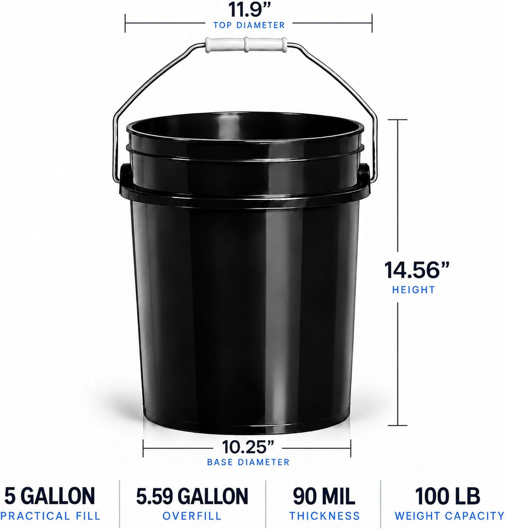 MKS Plastics Black 5-Gallon Heavy-Duty Bucket, No Lid Included, 5-Pack