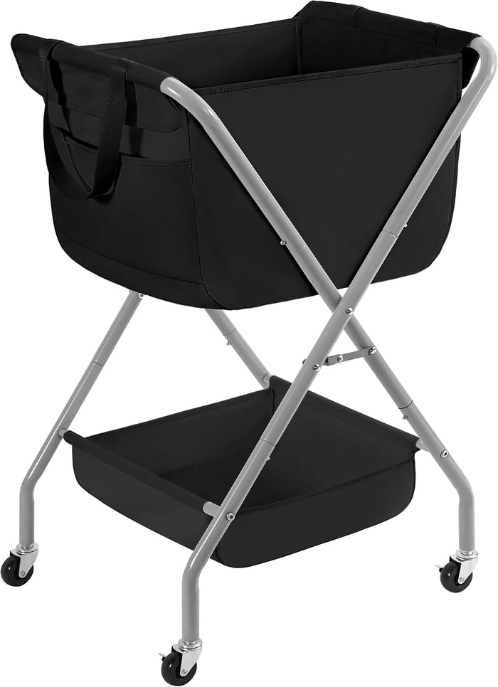 STORAGE MANIAC Collapsible Laundry Cart with Wheels 35.6"H Removable Canvas Bag Rolling Laundry Hamper Clothes Basket with Wheels, Sturdy Steel Frame Folding for Small Narrow Space Easy Storage, Black