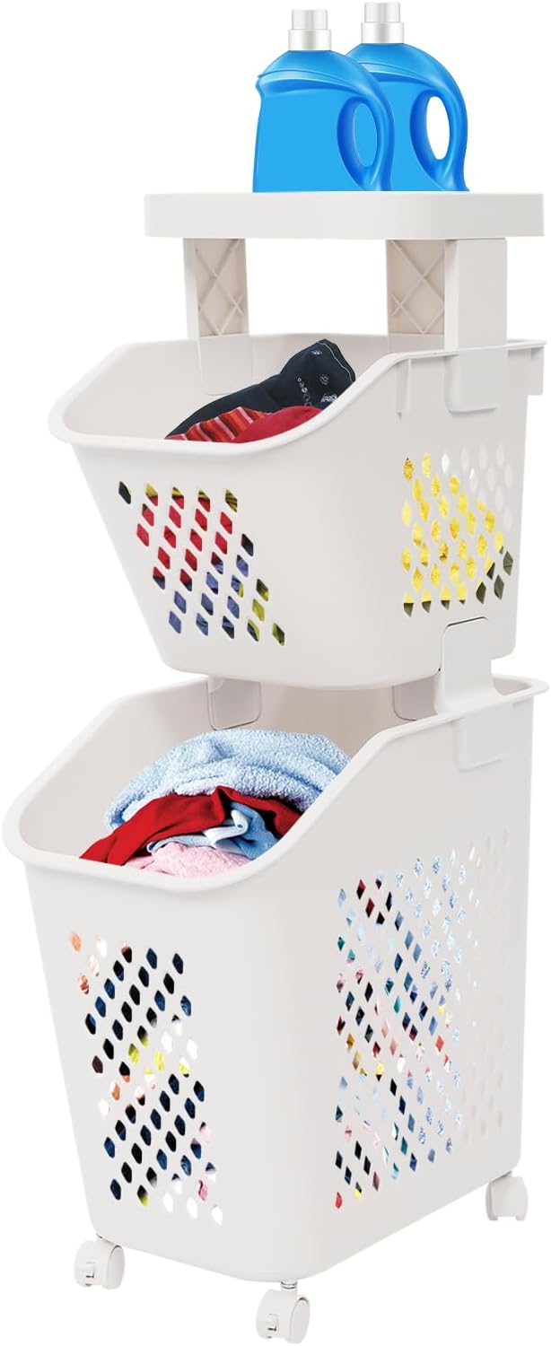 2 Tiers Rolling Laundry Hamper, White Plastic Laundry Basket Holder with Whee...