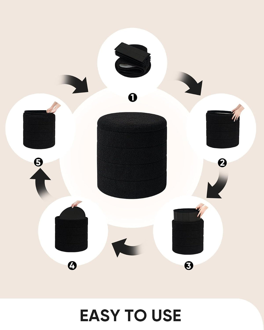 B FSOBEIIALEO Folding Storage Ottoman, Round Sherpa Ottomans, Black