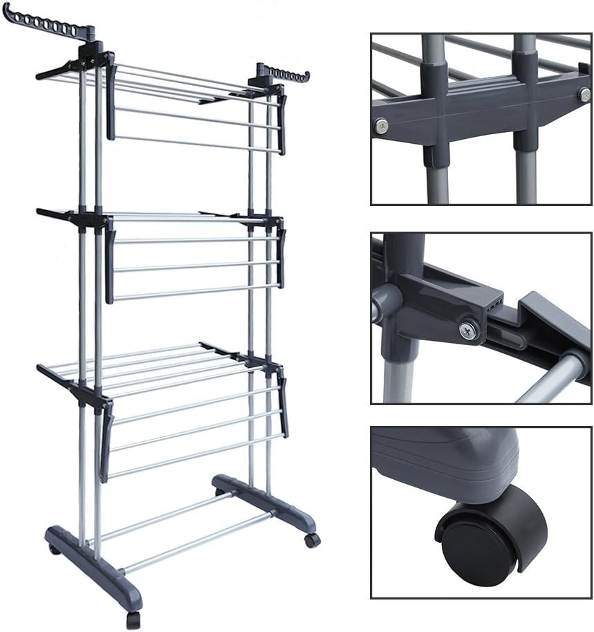 3-Tier Foldable Rolling Clothes Drying Rack with Commercial Grade Wheels Stai...