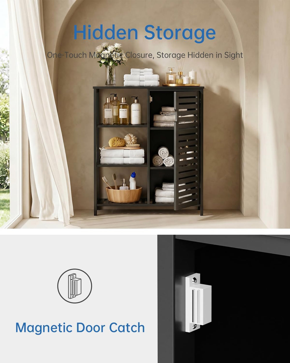 Bathoom Storage Cabinet, Bamboo Floor Cabinet with Single Door and 3 Open She...