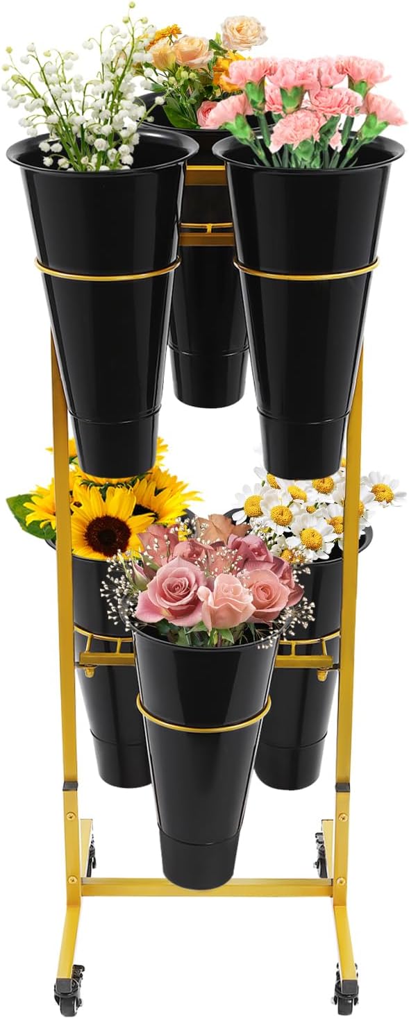 Flower Display Stand with 6 Buckets, 2 Layers Plant Stand, Metal Flower Cart ...