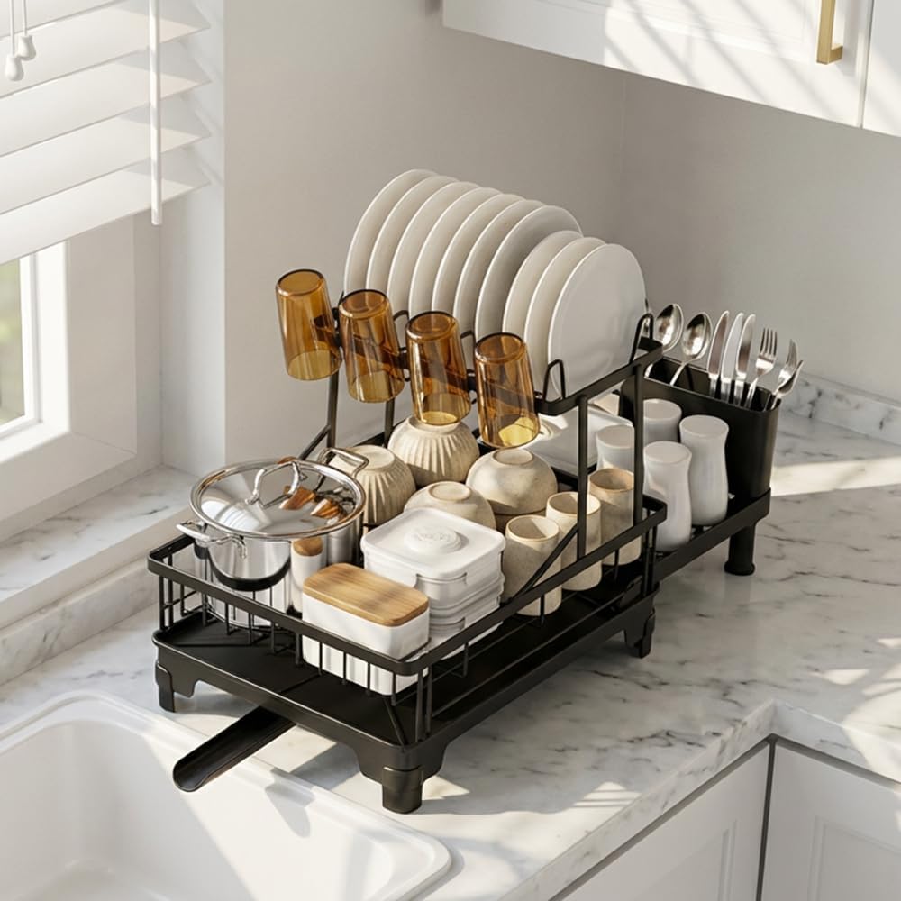 GSlife Large Expandable 2 Tier Dish Drying Rack for Kitchen Counter, Black